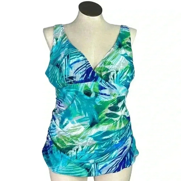 Simply Swim Women 24W Tropical Leaf Print Tankini Swim Top Blue White Padded NEW - Picture 1 of 12